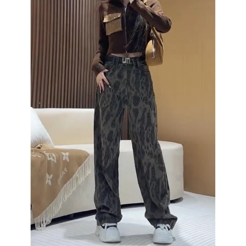 Aimeerosa/艾洛莎洋气豹纹直筒牛仔裤女2024新款显瘦窄版阔腿裤子