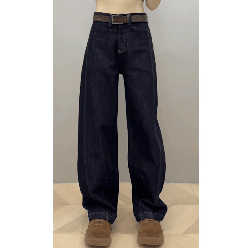 Aimeerosa/艾洛莎深蓝色窄版阔腿裤直筒牛仔裤女早秋款显瘦弯刀裤