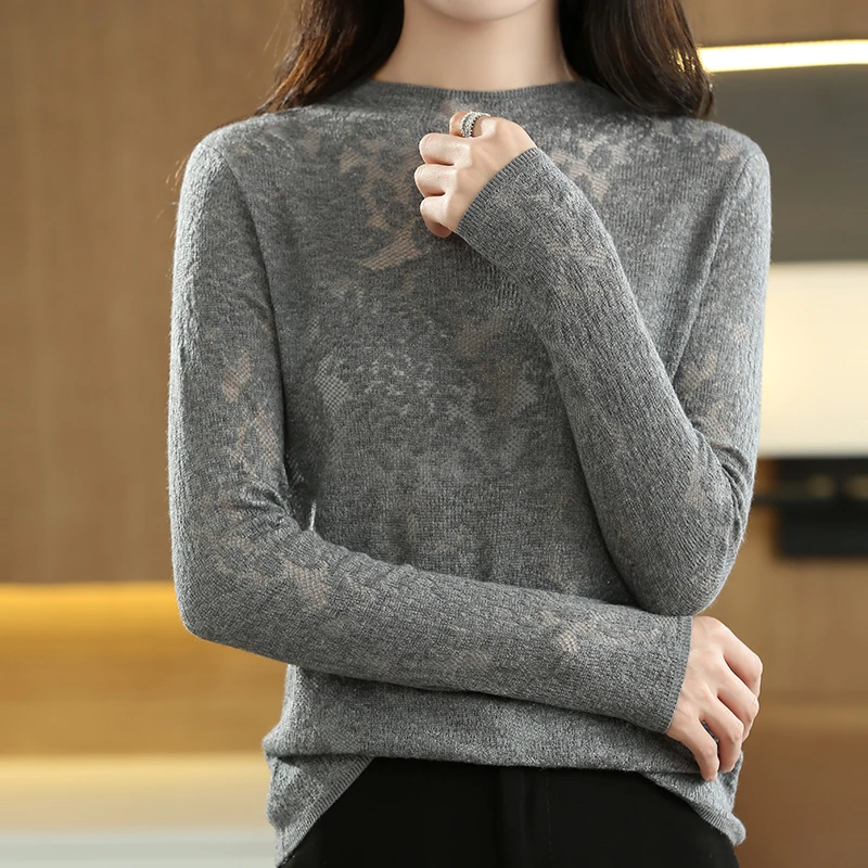 2023春季新款立体雕花蕾丝镂空精纺女款羊毛衫