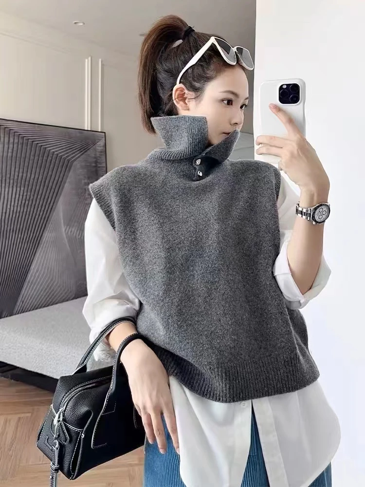 设计感半高领羊绒针织马甲 百搭简约纯色无袖时尚毛衣针织衫