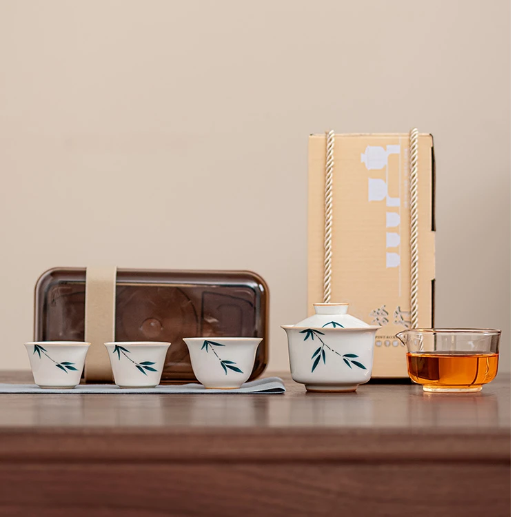 纯手绘竹影陶瓷盖碗茶杯可送礼二才茶碗户外便携功夫旅行茶具套装