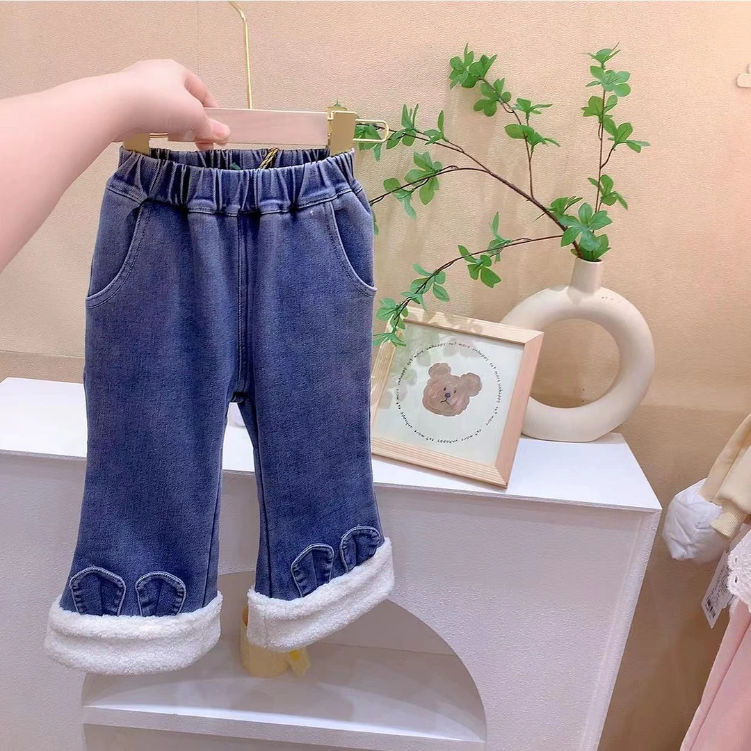 女童蓝色兔耳朵毛边加绒牛仔裤（7S-7305-冬）
