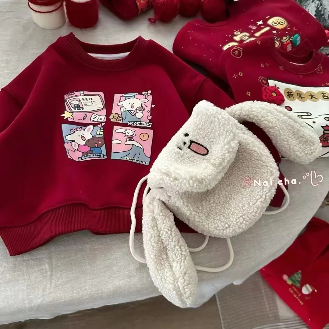 女童红色卡通一体绒加绒带背包卫衣（BS-24315-冬）