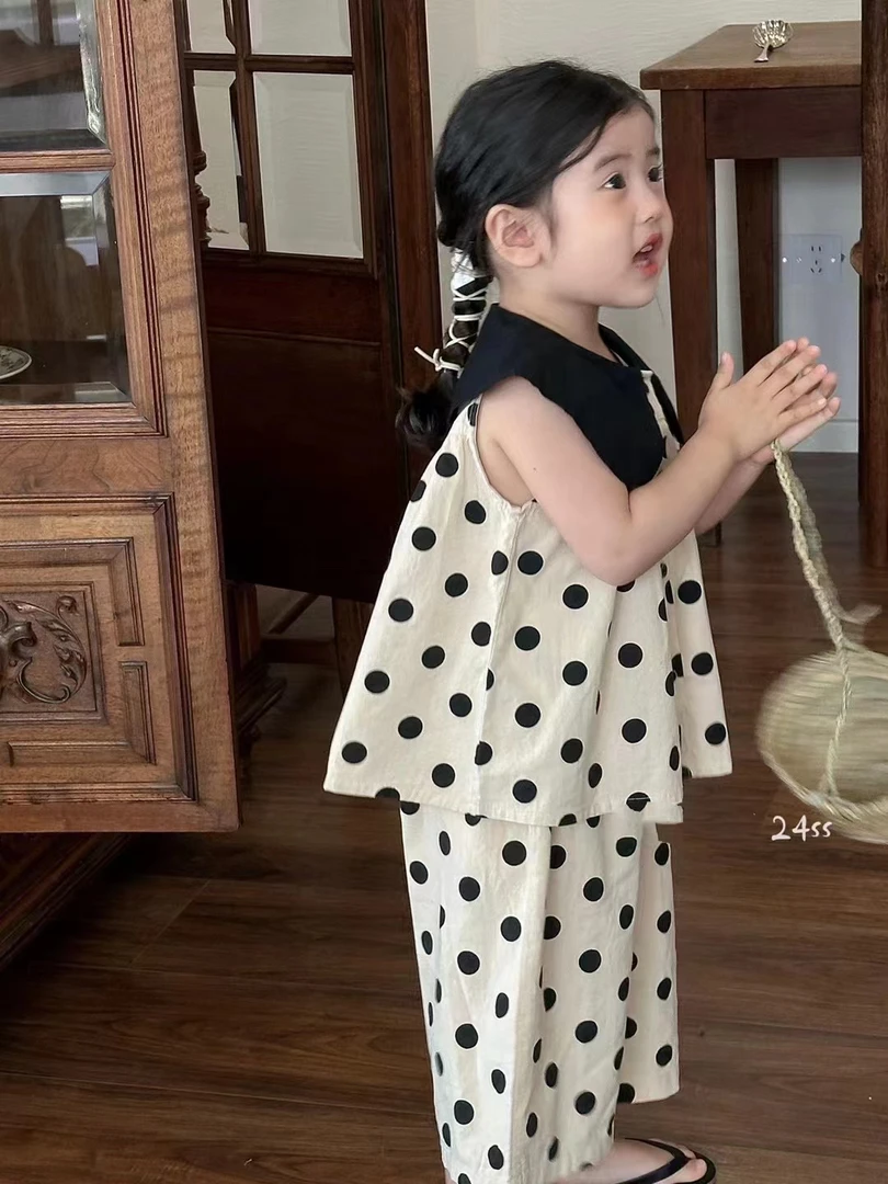 夏季新品-女童翻领波点套装（CFZ-24076）