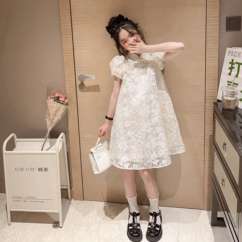女童夏装泡泡袖旗袍裙2024夏季大童中国风儿童洋气网纱蕾丝连衣裙