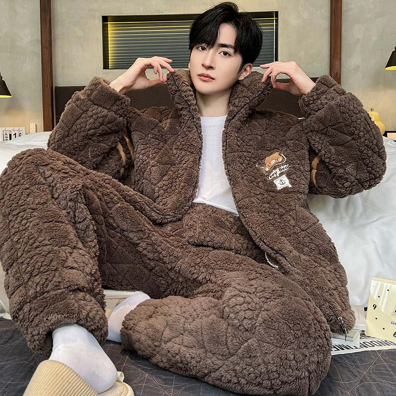 2024年新款睡衣男士秋冬季加绒加厚珊瑚绒三层夹棉冬天家居服套装