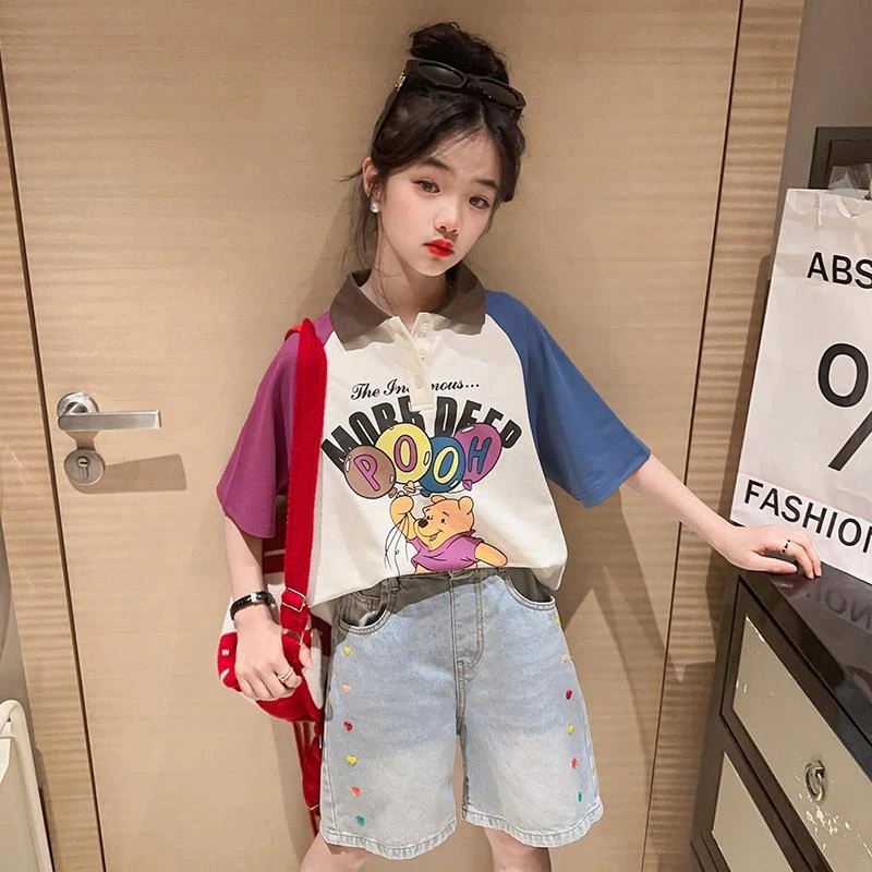 女童polo衫时髦夏季套装2025新款中大童宽松休闲卡通半袖洋气潮装