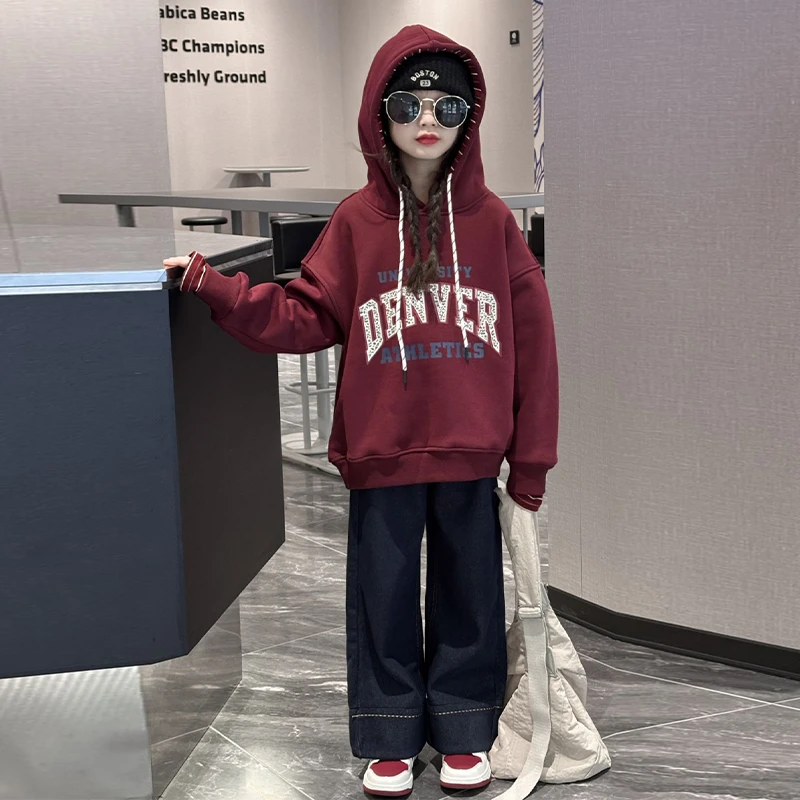 女童秋冬款洋气时髦女大童加绒加厚连帽卫衣休闲卫裤运动冬季套装
