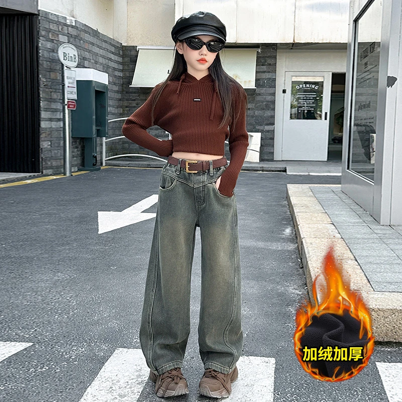 女童冬天加绒牛仔裤2025新款儿童阔腿弯刀裤女孩大童秋冬裤子加厚