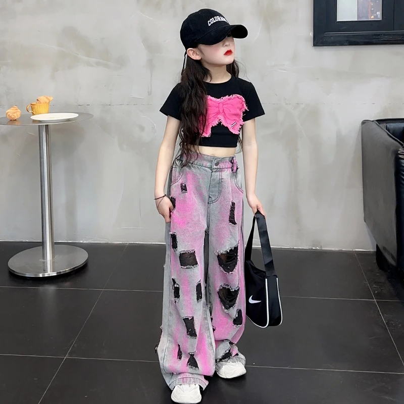 女童夏装套装网红炸街2025新款儿童短袖洋气女孩破洞牛仔裤两件套