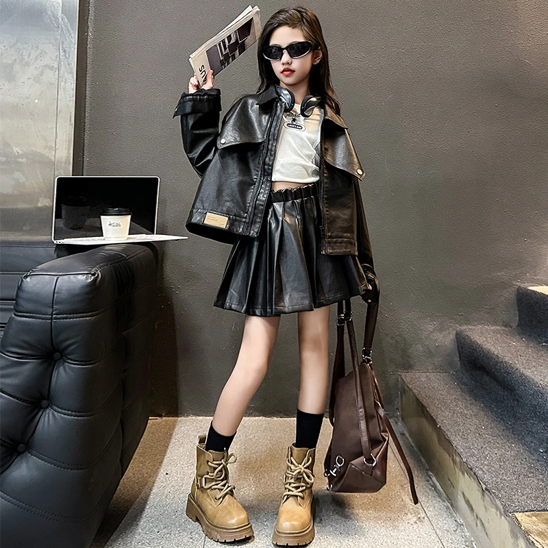 女童秋装韩系皮衣外套短裙洋气中大童英伦风夹克春秋款潮酷两件套