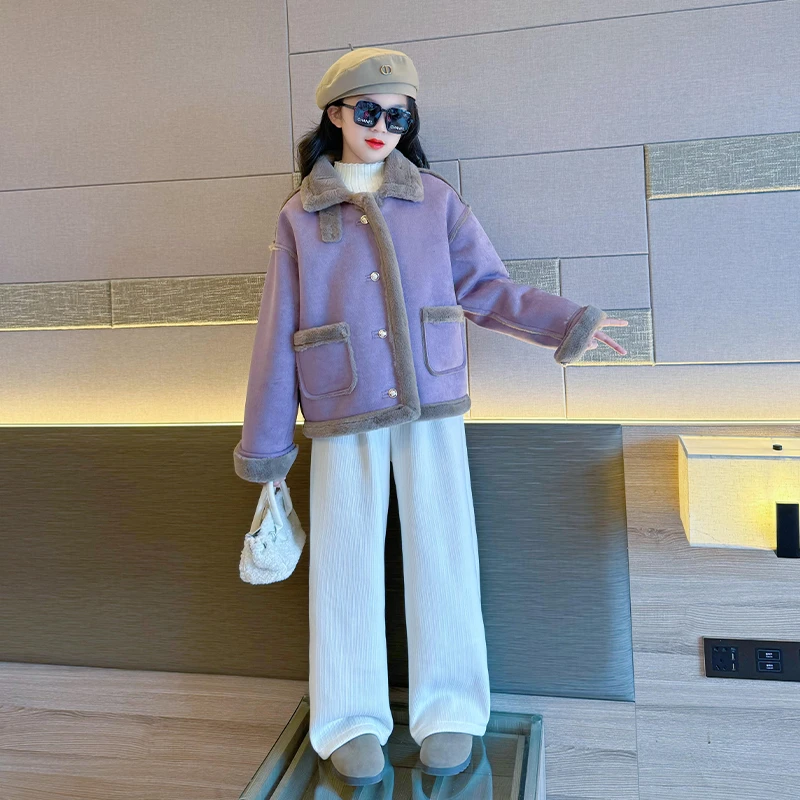 女童加绒加厚皮毛一体外套2024秋冬新款儿童冬装洋气时髦网红上衣