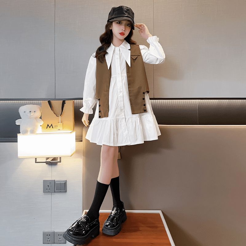 女童连衣裙春装2024新款韩版洋气时髦儿童春秋衬衫马甲裙子两件套