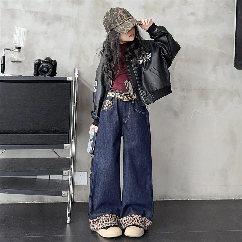 女童牛仔阔腿裤丹宁蓝儿童冬装加绒长裤豹纹边女孩直筒休闲裤大童