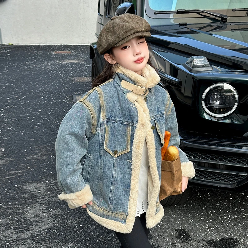 女童牛仔外套冬季2025新款儿童女大童秋冬款洋气加绒加厚夹克上衣