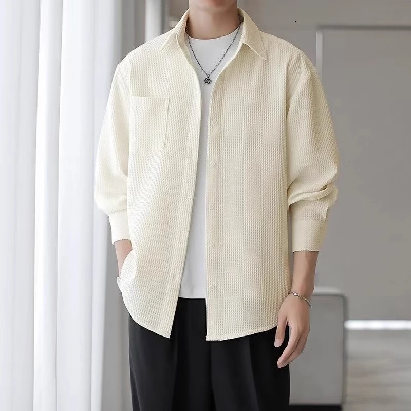 长袖衬衫外套男春秋韩系高级感华夫格男士衬衣简约男装潮男上衣