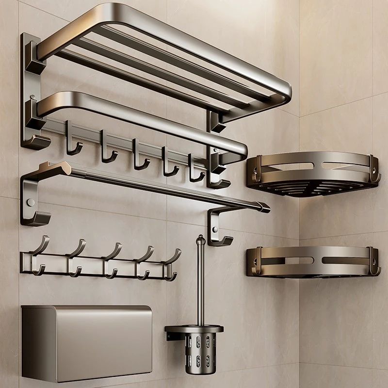 枪灰毛巾架免打孔卫生间浴巾架壁挂浴室置物架子太空铝五金