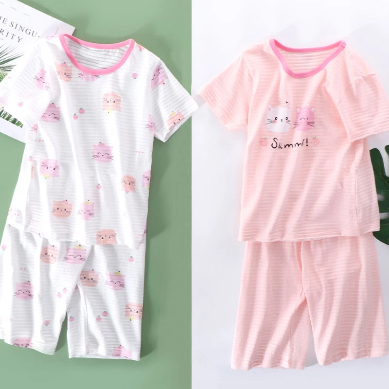 女童睡衣纯棉夏季薄款短袖短裤 儿童空调服中大童宝宝家居服套装