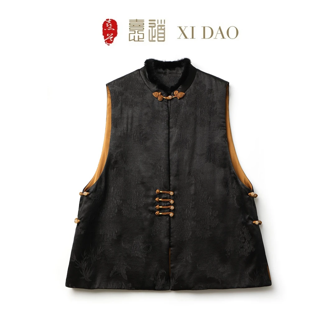 冠乐绉提花香云纱马甲中国风棉坎肩新中式立领无袖马夹女保暖秋冬