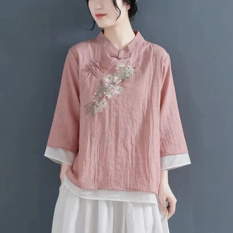 【当天发+退换包邮】夏季女装假两件衫女复古盘扣绣花上衣女409