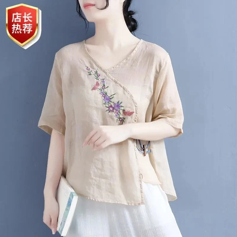 【当天发+退换包邮】2024夏季复古橄榄木扣绣花短袖棉麻上衣女411