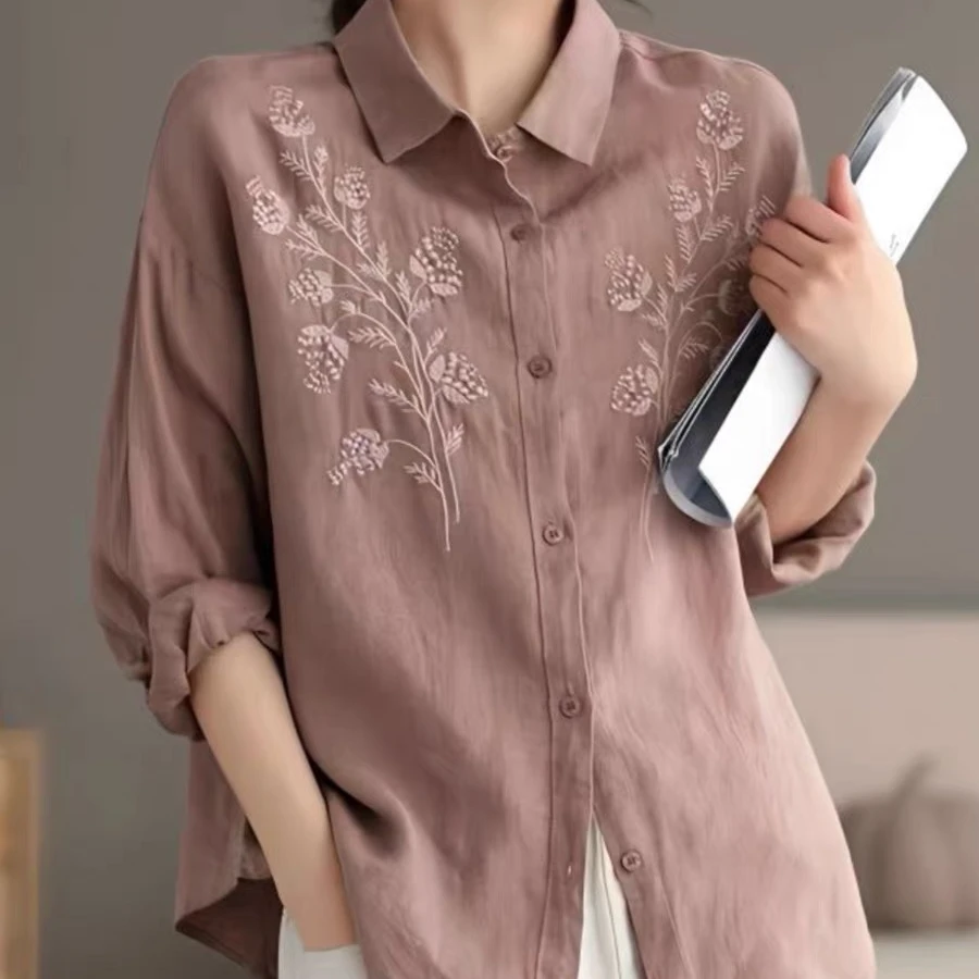 【当天发+退换包邮】复古刺绣翻领棉麻宽松显瘦棉麻长袖衬衫426