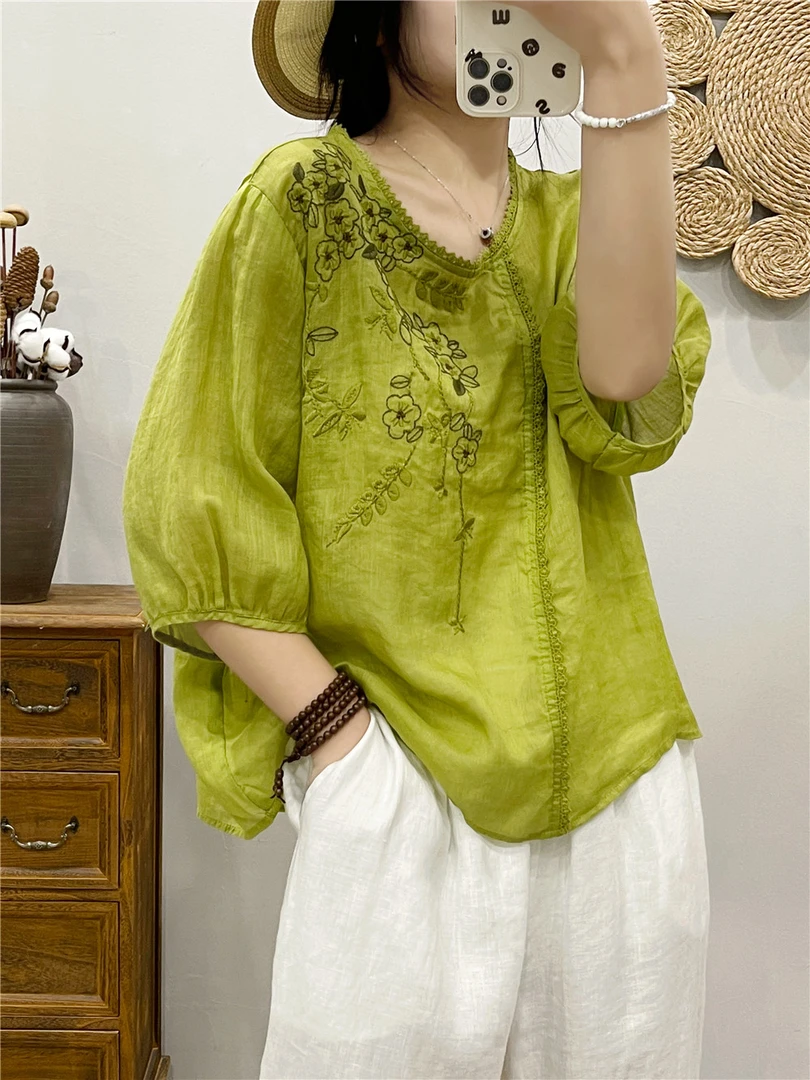 【当天发+退换包邮】新款刺绣薄款T恤女宽松圆领蕾丝边套头上衣458