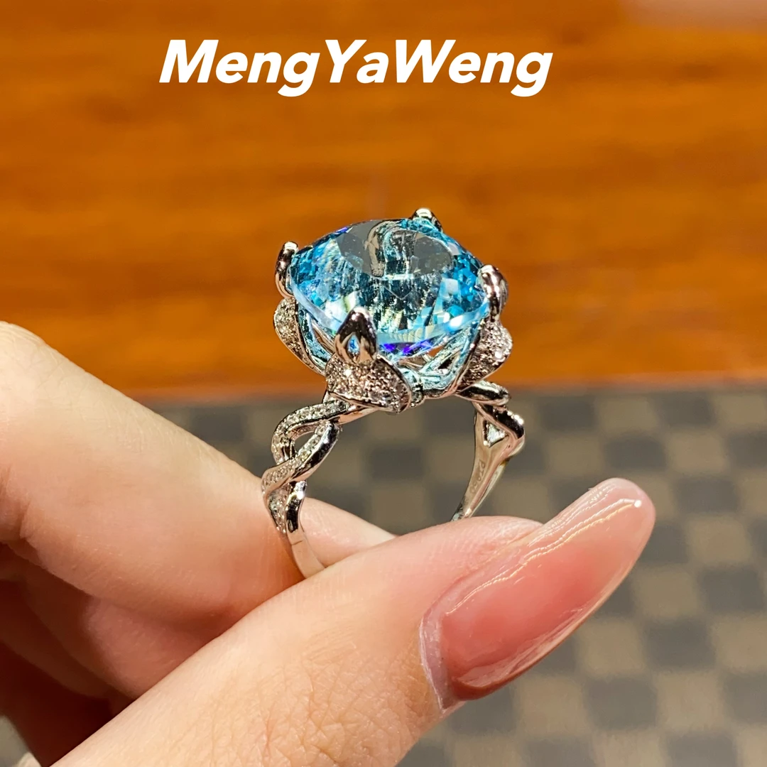 铜合金合成锆石戒指 【k1295】湖蓝色人工宝鸽子蛋镶嵌轻奢设计大气