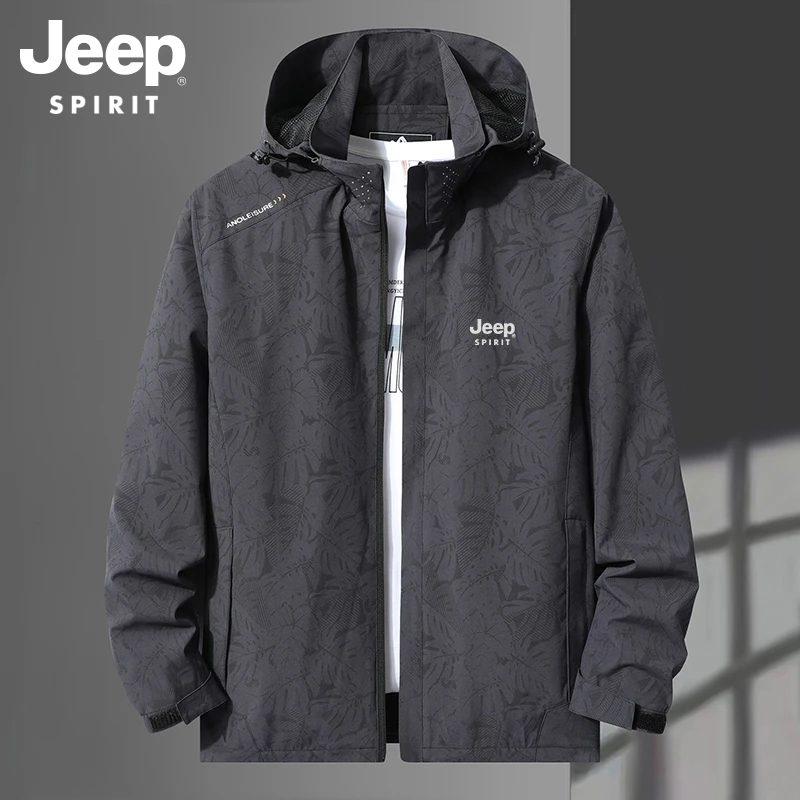 JEEP春秋季运动连帽夹克男士韩版潮流防水防风薄款户外冲锋衣外套