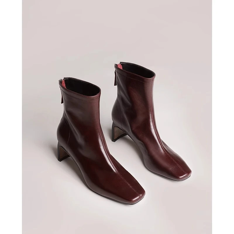 【LINN专属】法式复古粗跟短靴女高跟瘦瘦靴子踝靴