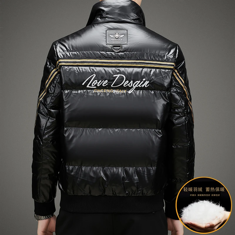 男士冬款高端羽绒服时尚立领潮款刺绣亮面防风抗寒保暖羽绒外套