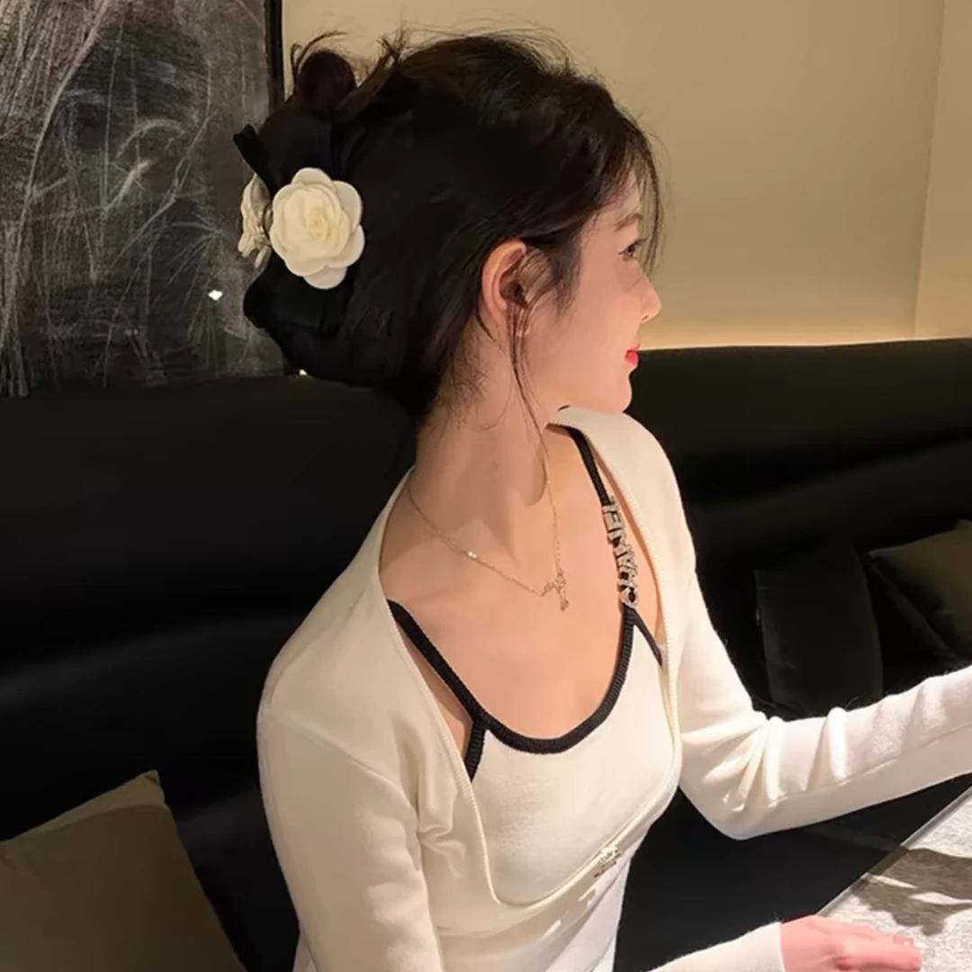 山茶花黑色简约蝴蝶结复古小香风发夹抓夹