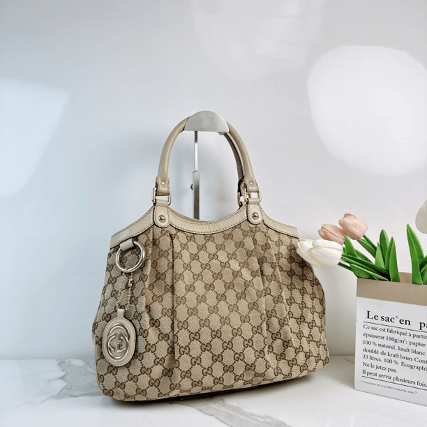 95新 GUCCI/古驰 经典时尚老花白色手提单肩包