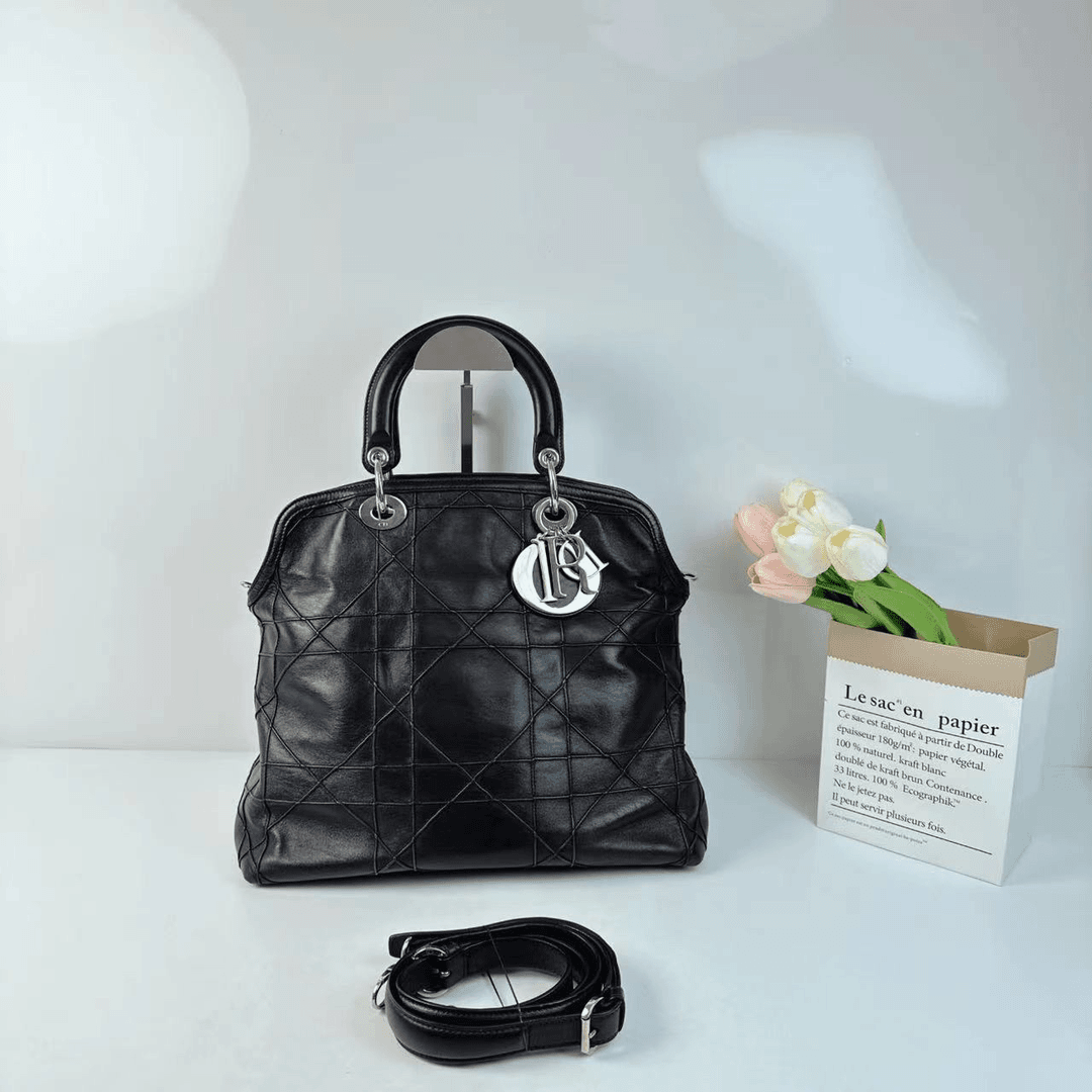 95新 Dior/迪奥 黑银小号带原肩带手提单肩斜挎包