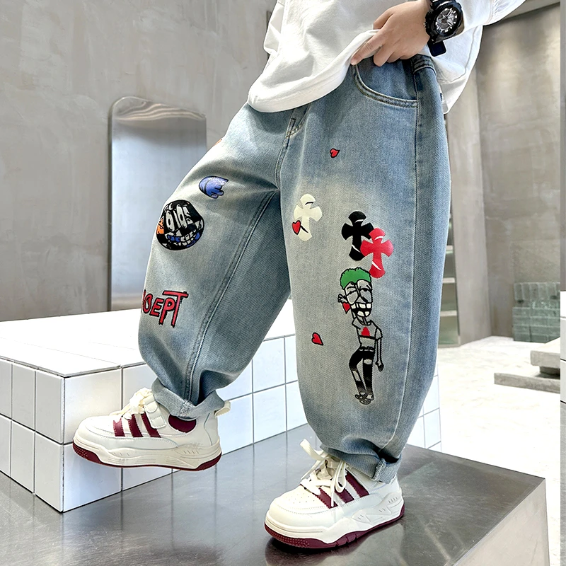 男童牛仔裤卡通涂鸦秋装儿童老爹裤韩版潮男孩子裤子2025新款春秋
