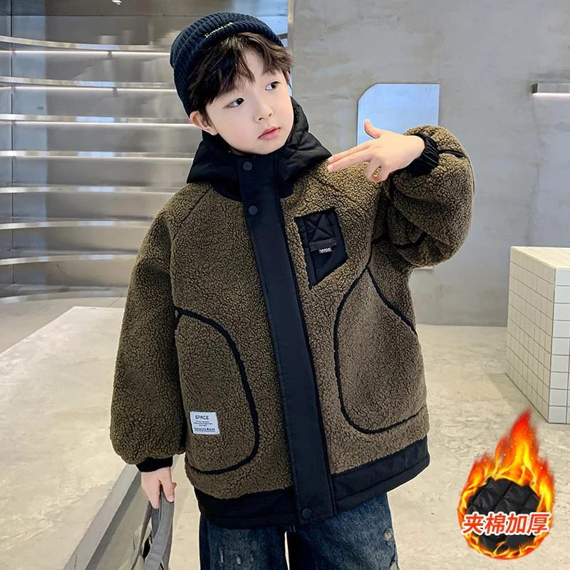 男童加厚外套秋冬款2025新款儿童冬季男孩中大童夹棉羊羔绒毛毛衣