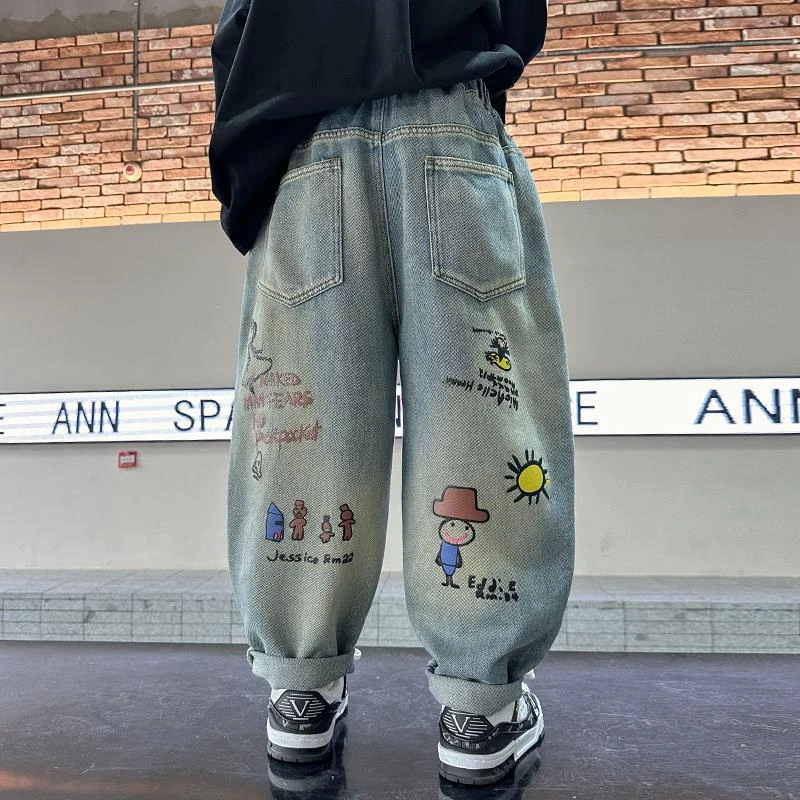 男童涂鸦牛仔裤春秋款2025新款儿童裤子春装休闲裤大童洋气长裤潮
