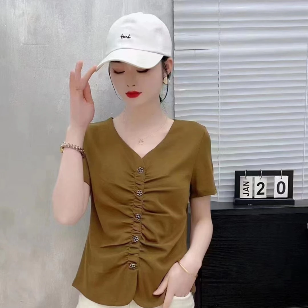 【芯町】夏季新款女式短袖小衫显瘦时尚纯色休闲夏季遮肚子小衫5291