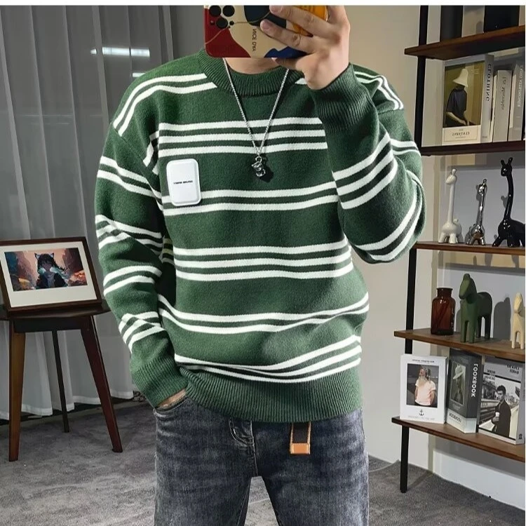 秋冬季时尚撞色毛衣男士慵懒风休闲圆领针织衫日系复古简约打底衫