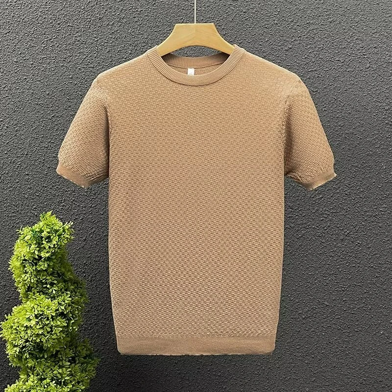 春秋季新款针织衫T恤男士弹力修身半袖潮流薄款卡其色毛衣打底衫