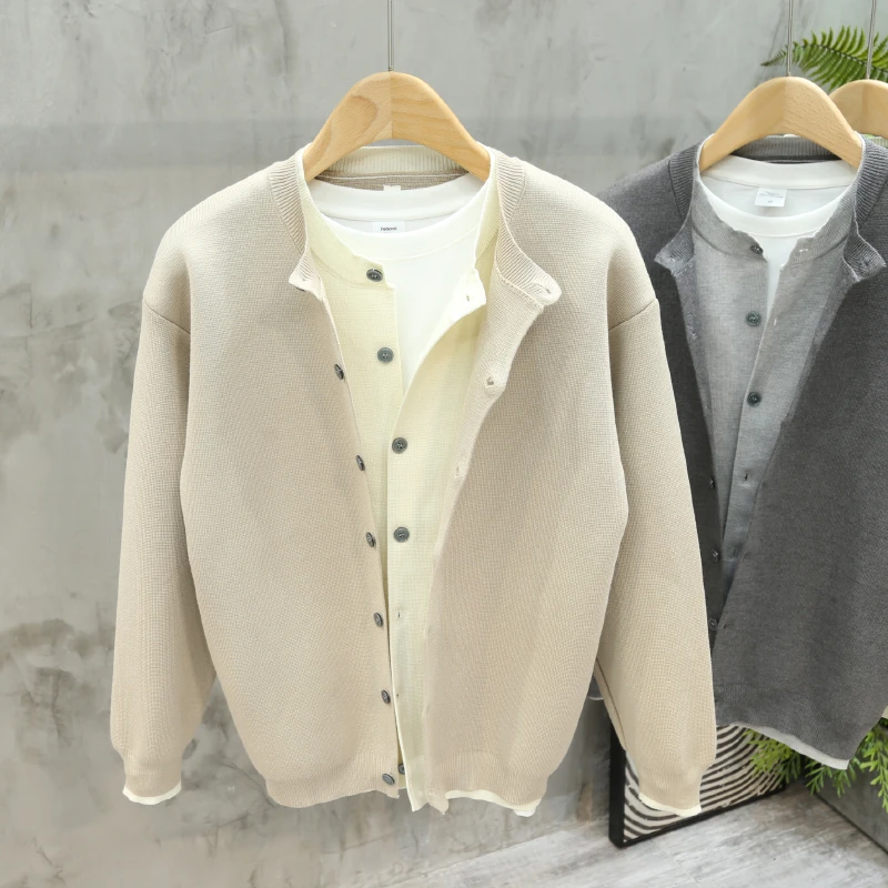 日系复古圆领针织衫男装秋冬季设计感拼接假两件休闲毛衣开衫外套