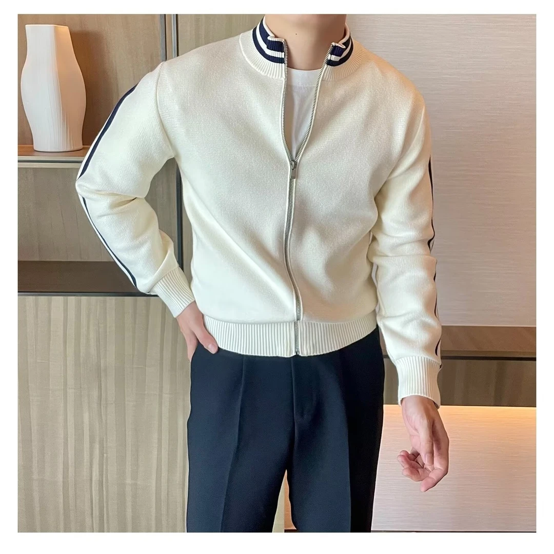 美式潮牌经典款条纹针织开衫男士秋冬季复古撞色休闲立领夹克外套