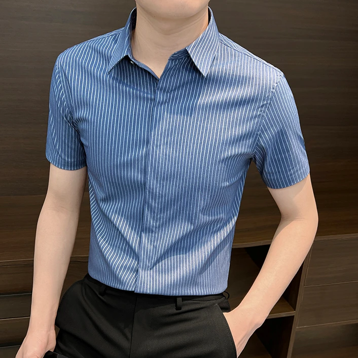 条纹衬衫男短袖高级感痞帅商务休闲男士高档修身暗扣衬衣夏季薄款