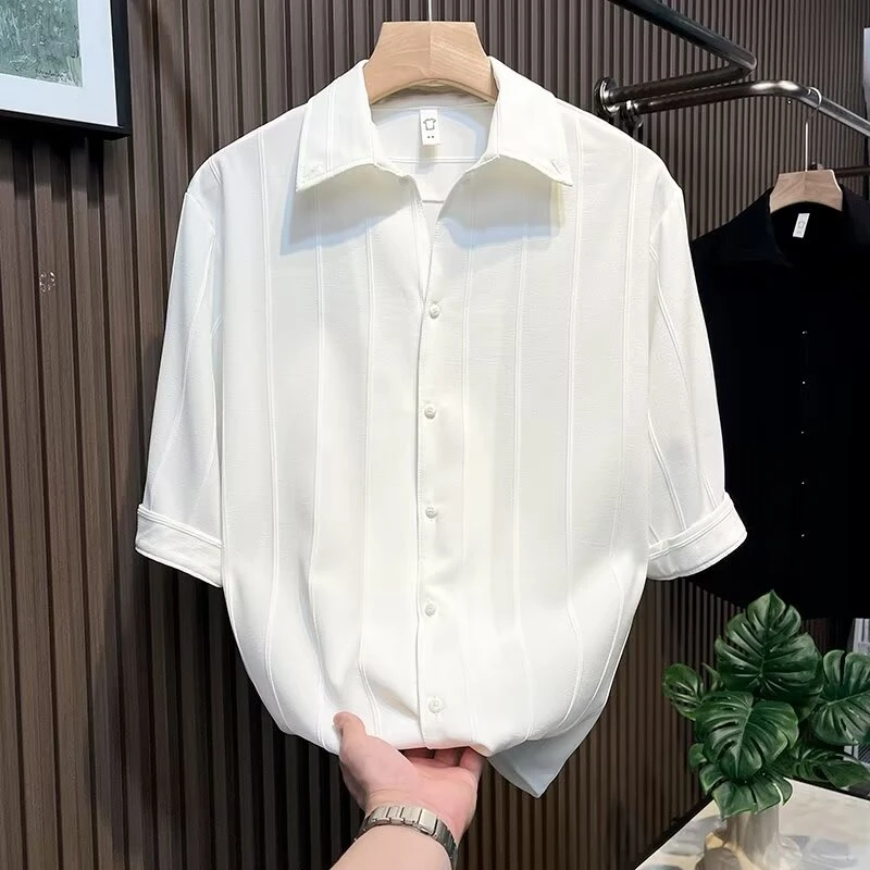 夏季五分袖衬衫设计感小众男士2024新款潮男气质修身白色短袖衬衣