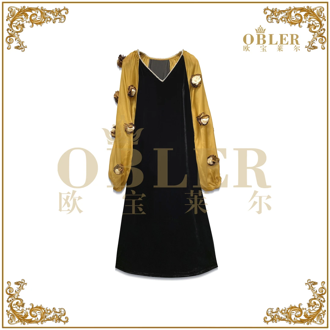 【冬阳】欧宝莱尔2024秋装新款丝绒气质连衣裙61-6622