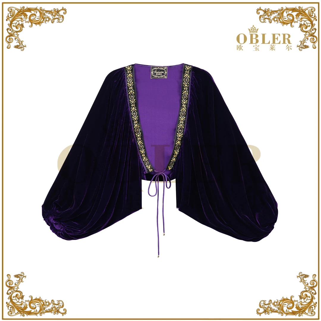【紫色】OBLE2025新款宫廷风抽褶丝绒披肩秋季紫色长袖305-249906