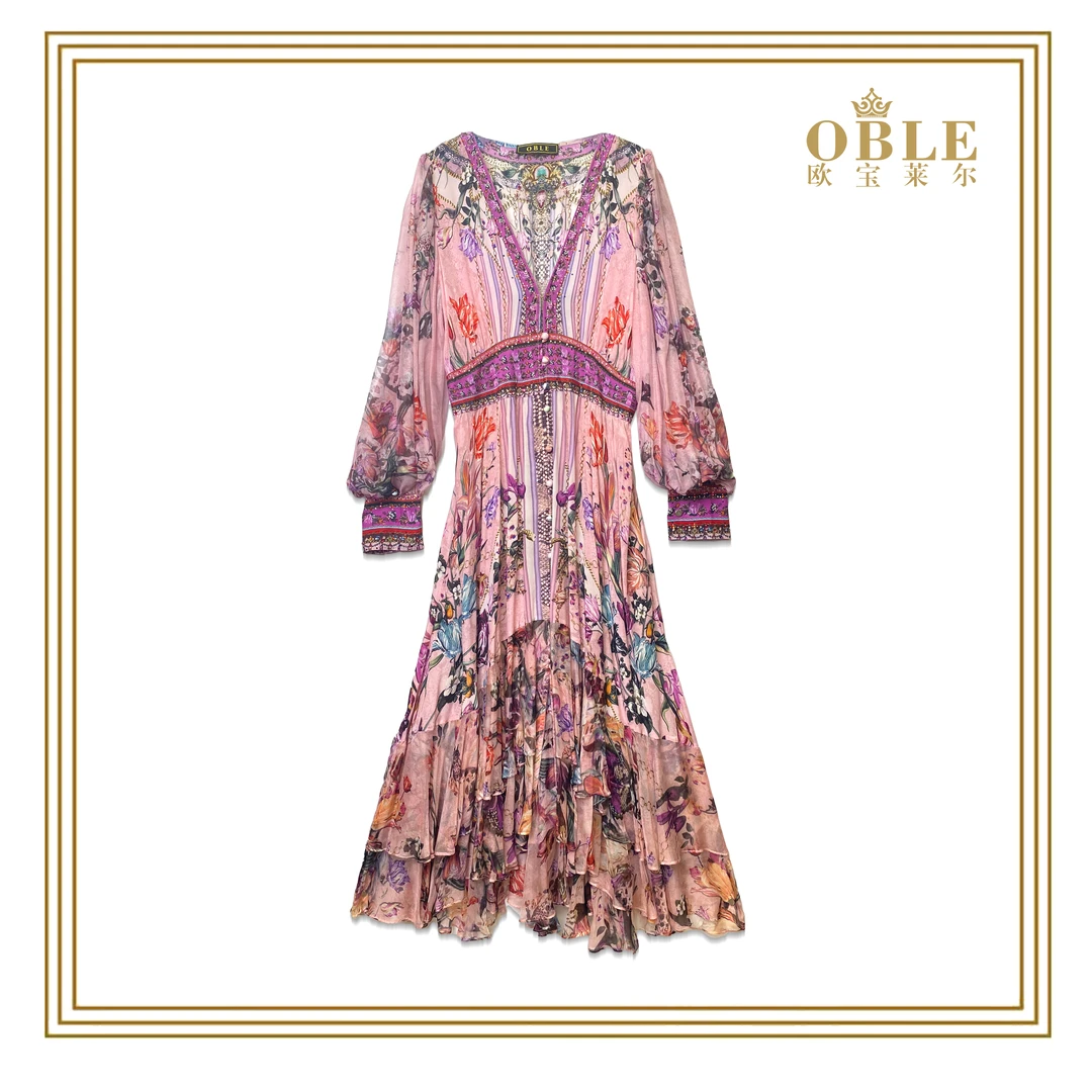 【紫醉金迷】欧宝莱尔2025设计师新款桑蚕丝气质连衣裙502-7787