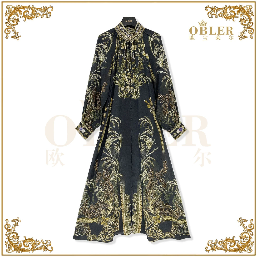 【欧宝莱尔】OBLE 新款时尚气质轻奢优雅 黑色真丝连衣裙 503-0506