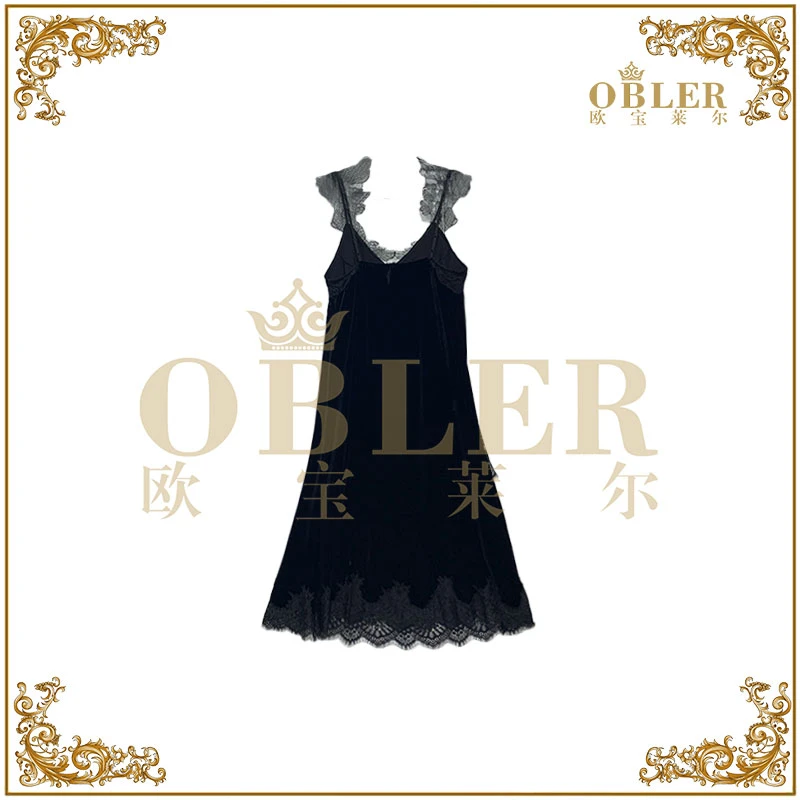 OBLE2025早春新款蕾丝拼接吊带连衣裙305-25144