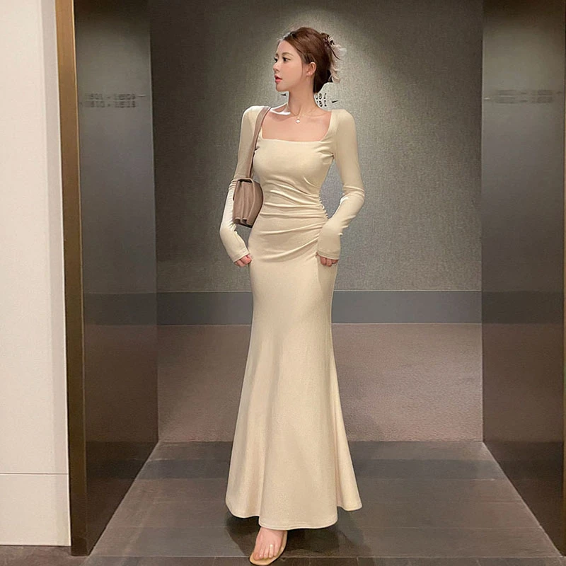 法式温柔风方领长袖连衣裙女2023春季高级感气质绝美修身鱼尾长裙